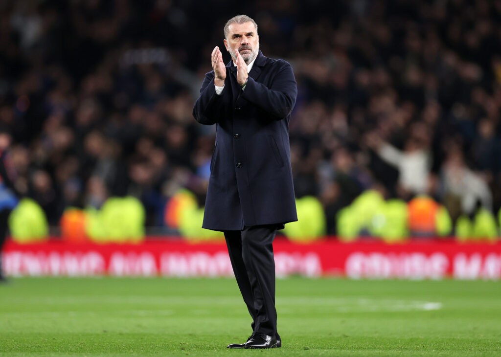 LONDON, ENGLAND - NOVEMBER 06: Ange Postecoglou, Manager of Tottenham Hotspur, acknowledges the fans following the team's defeat during the Premier League match between Tottenham Hotspur and Chelsea FC at Tottenham Hotspur Stadium on November 06, 2023 in London, England. (Photo by Ryan Pierse/Getty Images)